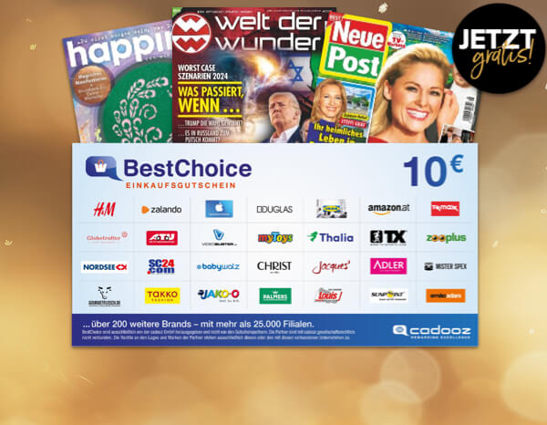 10 Euro BestChoice Gutschein mit verschiedenen Zeitschriften im Hintergrund